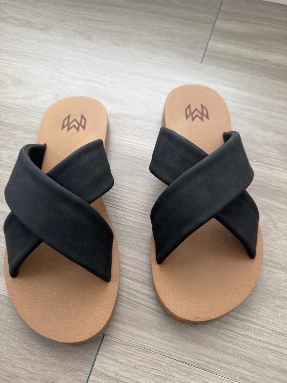 Women’s Black Cross-Band Slide Sandals with Tan Footbed
